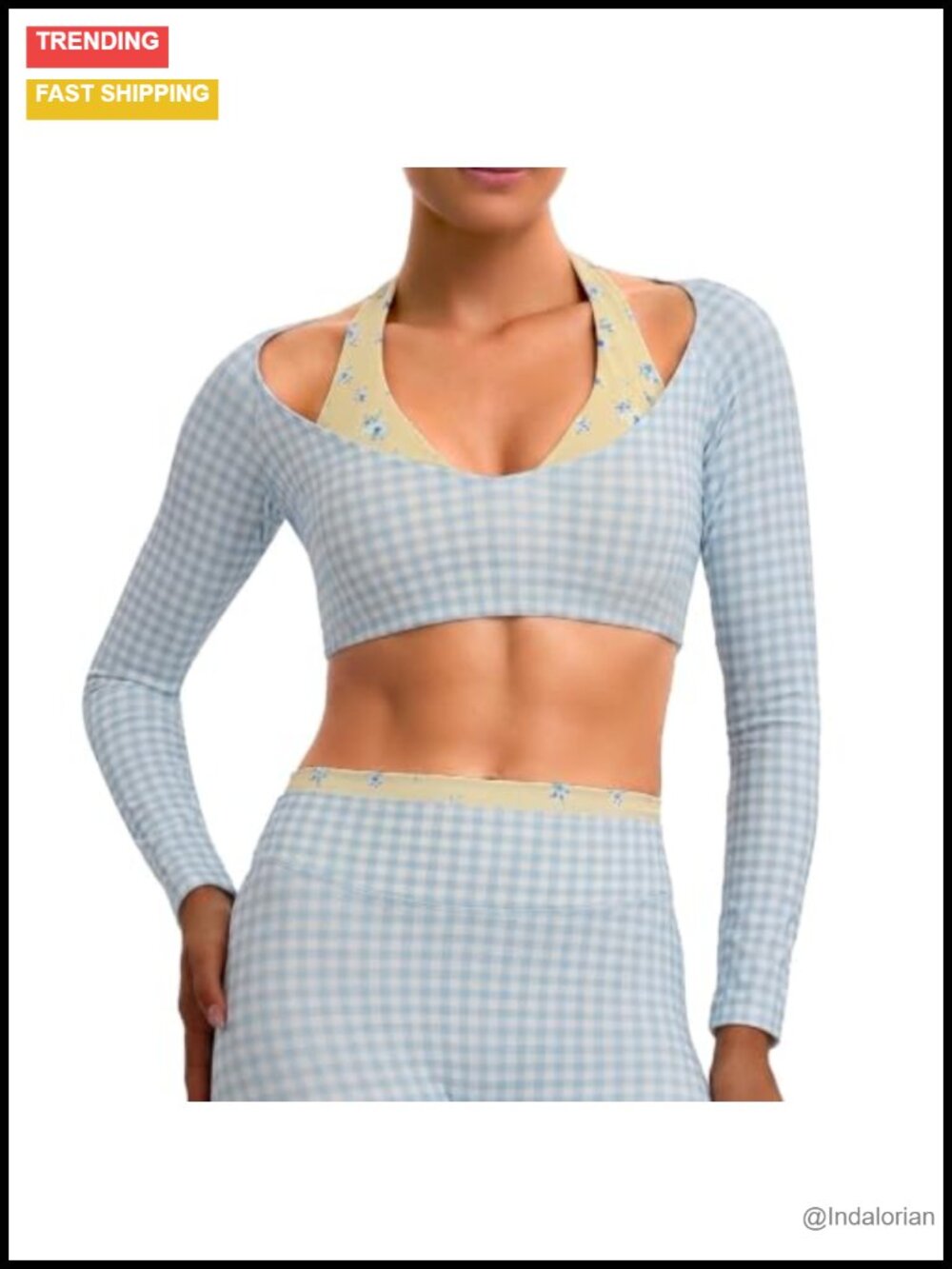 Halter Long Sleeve Crop Top Faux Layered Nylon Spandex Active Gym Shirt